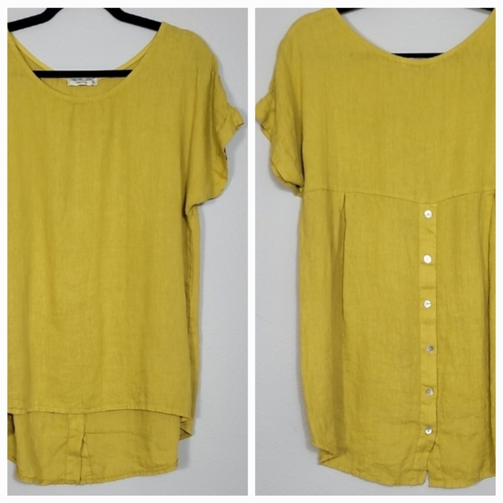 Terzo Millennio 100% Linen Tunic Top Size M Yellow Italy Button Back Womens